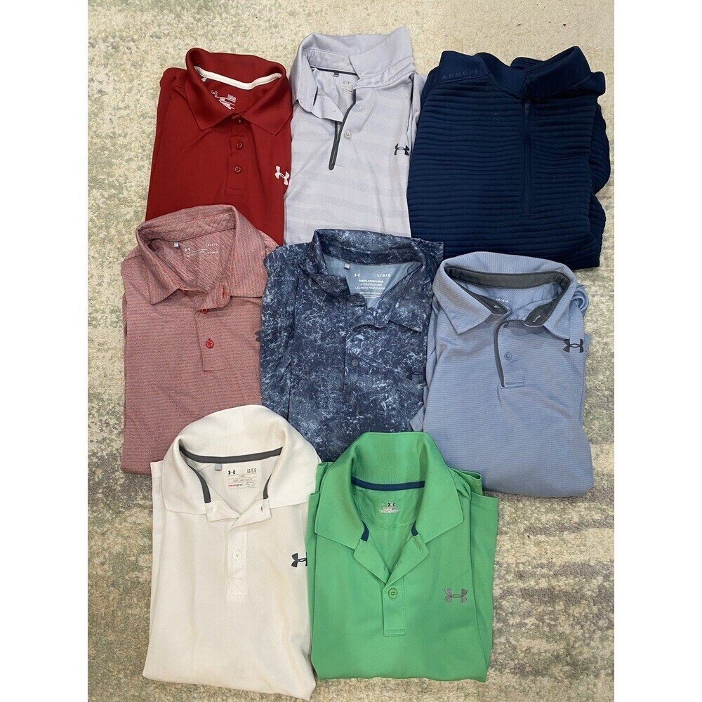 Lot Of  8 Under Armour Size L Loose Heat Gear Golf Mens Polo Shirts Short Sleeve